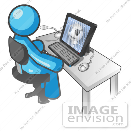 Clip Art Graphic Of A Sky Blue Guy Character Using A Computer    35923