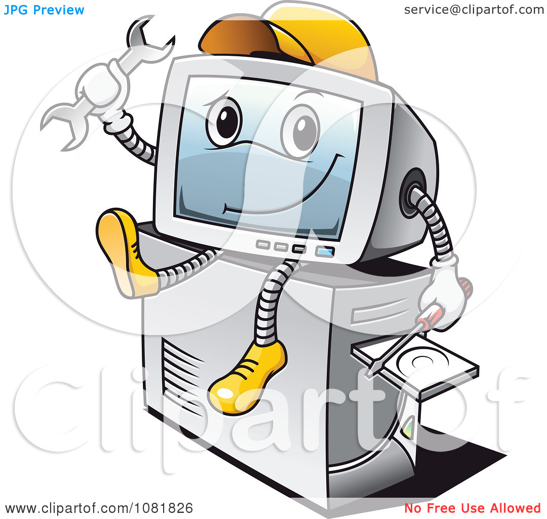 Clipart Computer Repair Guy Sitting On A Tower   Royalty Free Vector
