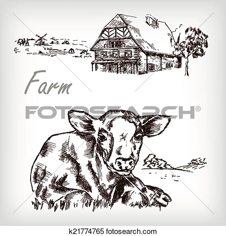 Clipart   Farm Set  House Cow Homestead Hand Drawn Vector