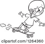 Clipart Of A Black And White Cartoon Boy Skateboarding On A Longboard    