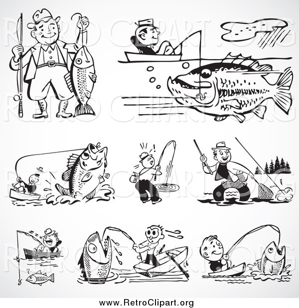 Clipart Of Retro Black And White People Fishing By Bestvector    1186