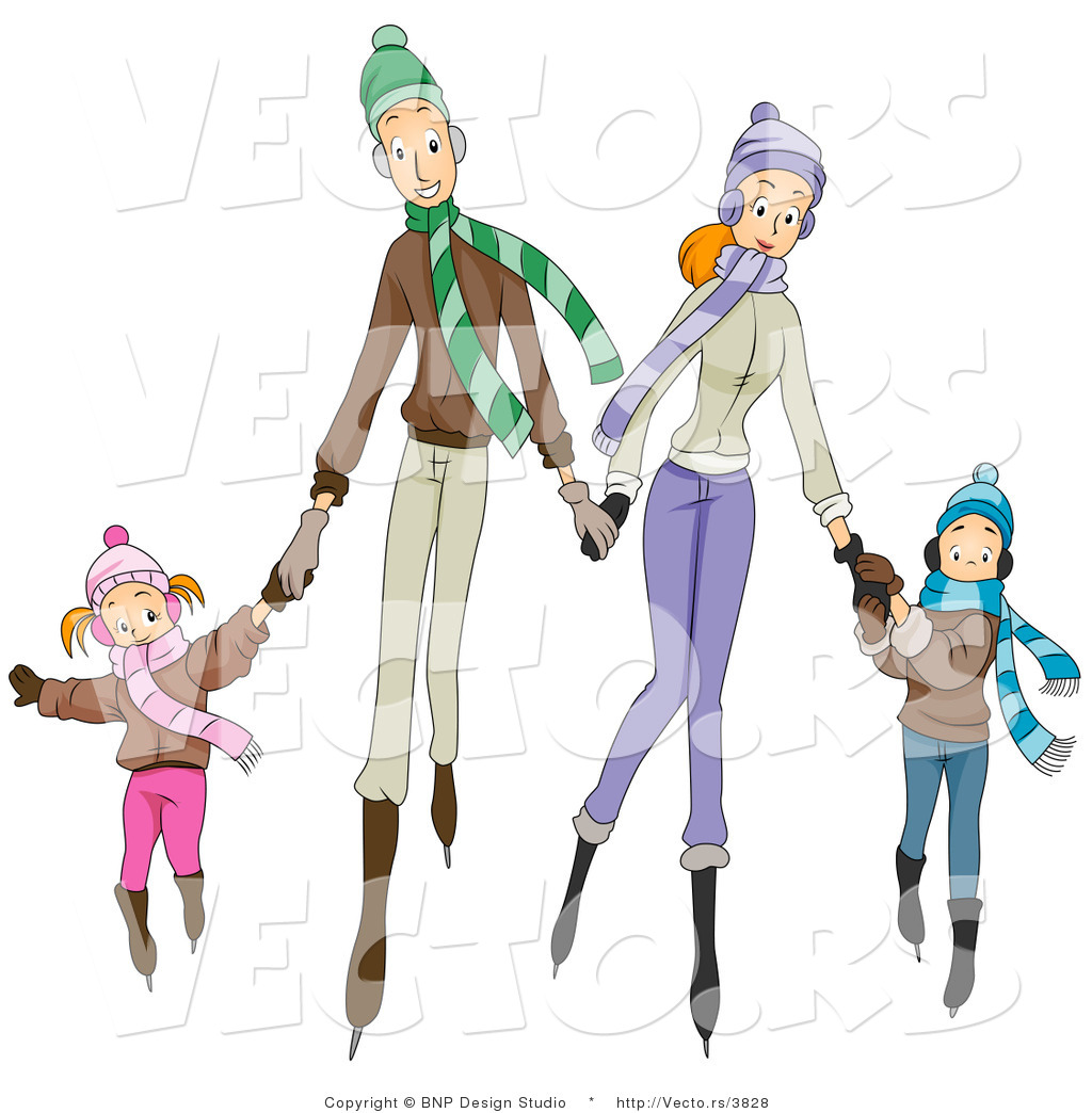Four Happy Caucasian Family Members Ice Skating 4 Family Members And    