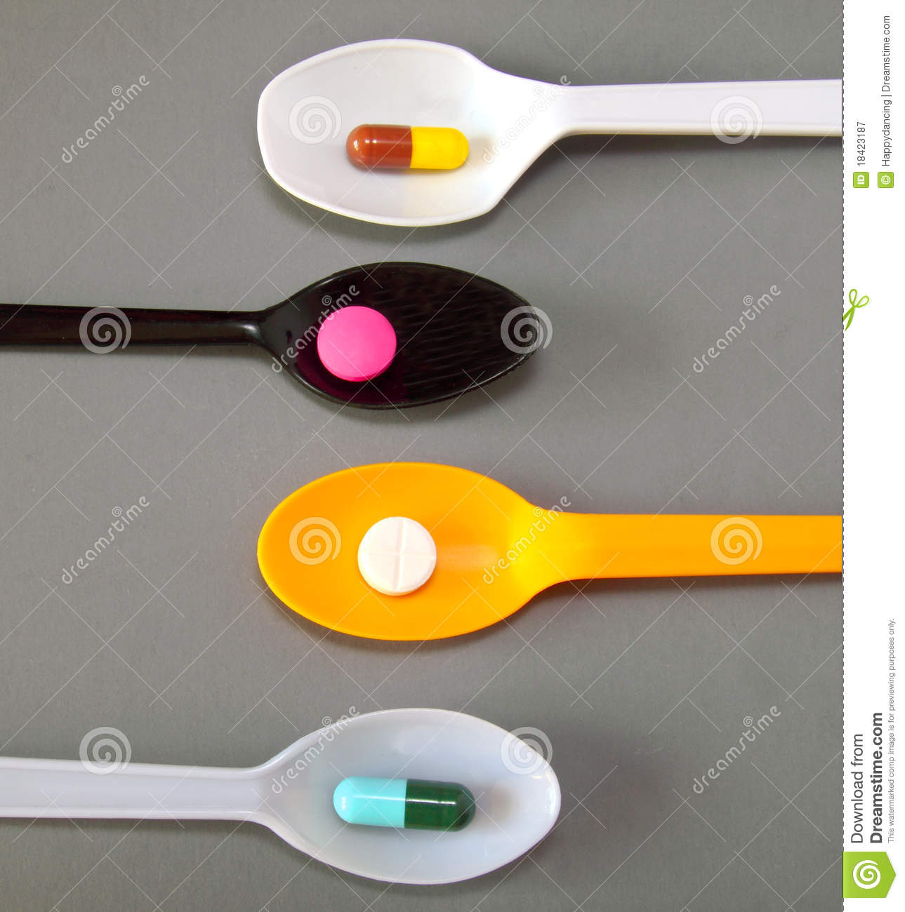 Four Spoons With Different Pills Royalty Free Stock Photography
