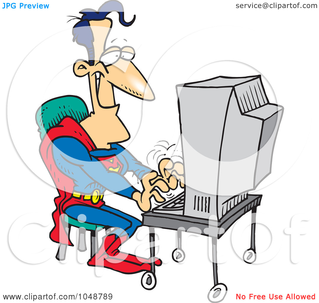 Illustration Of A Cartoon Super Guy Using A Computer By Ron Leishman