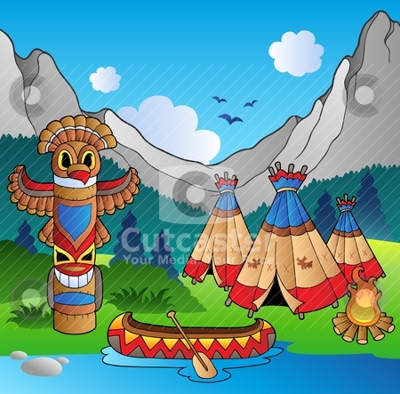 Indian Village With Totem And Canoe Stock Vector Clipart Indian
