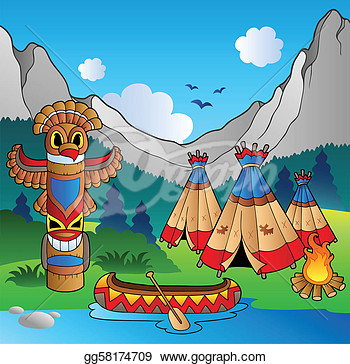 Indian Village With Totem And Canoe