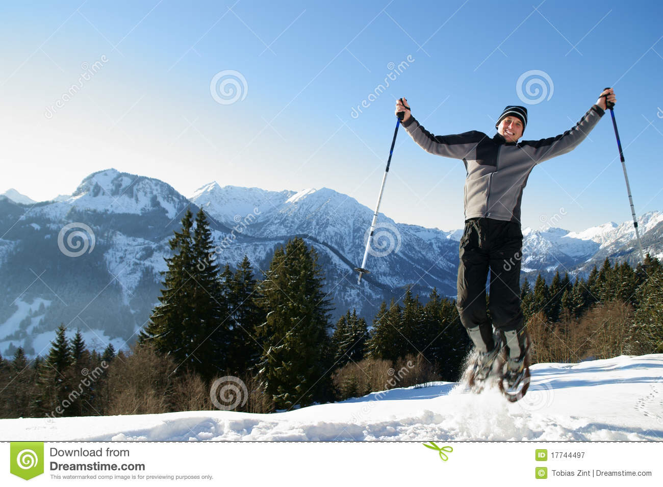 Man Makes A Snowshoe Tour In A Beautiful Mountain Landscape