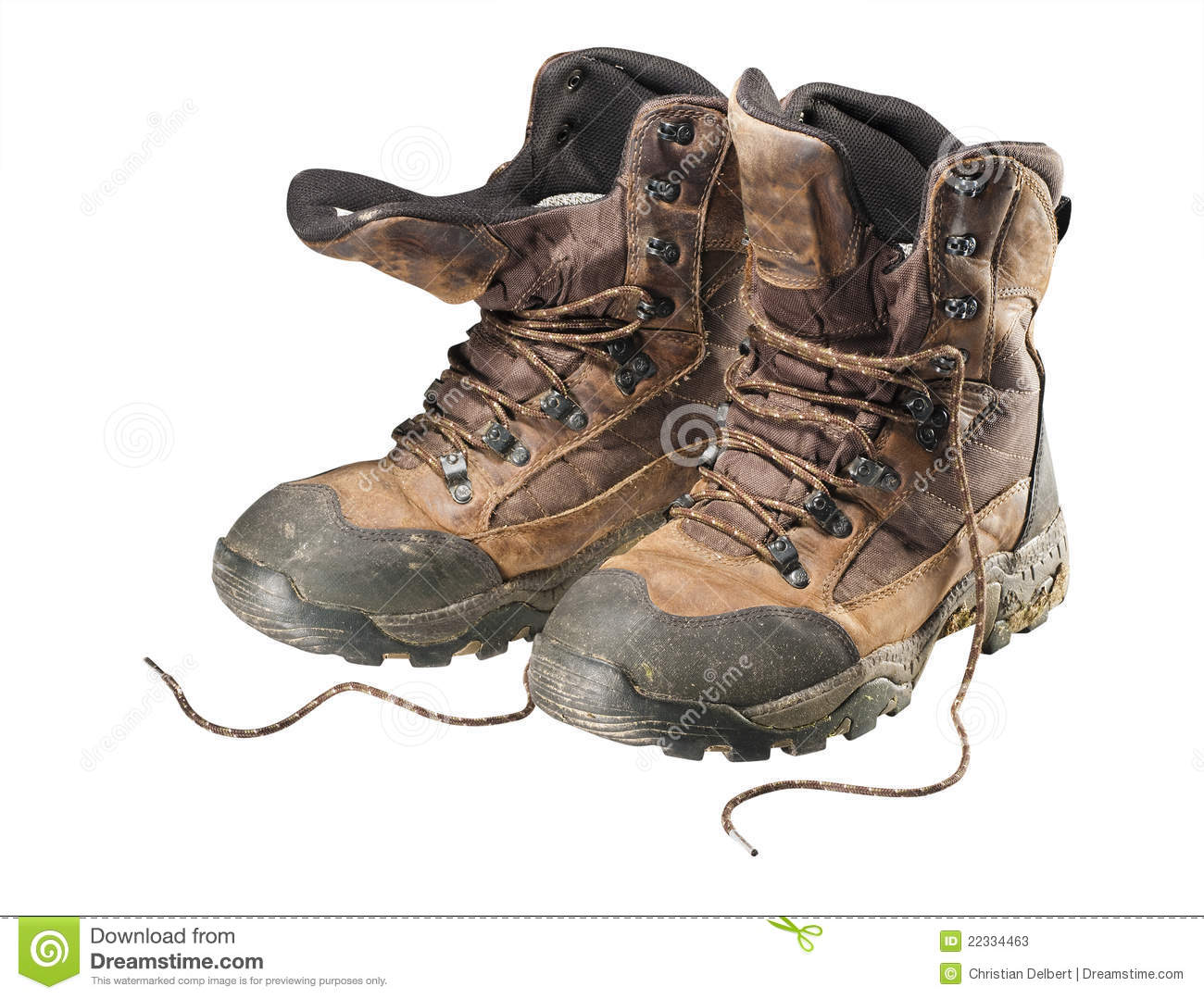 Pair Of Old Hiking Boots Isolated On White Background