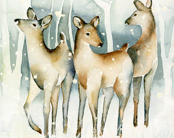 Reindeer In Snow Painting Sheep Watercolor Print Farm Animals Home By