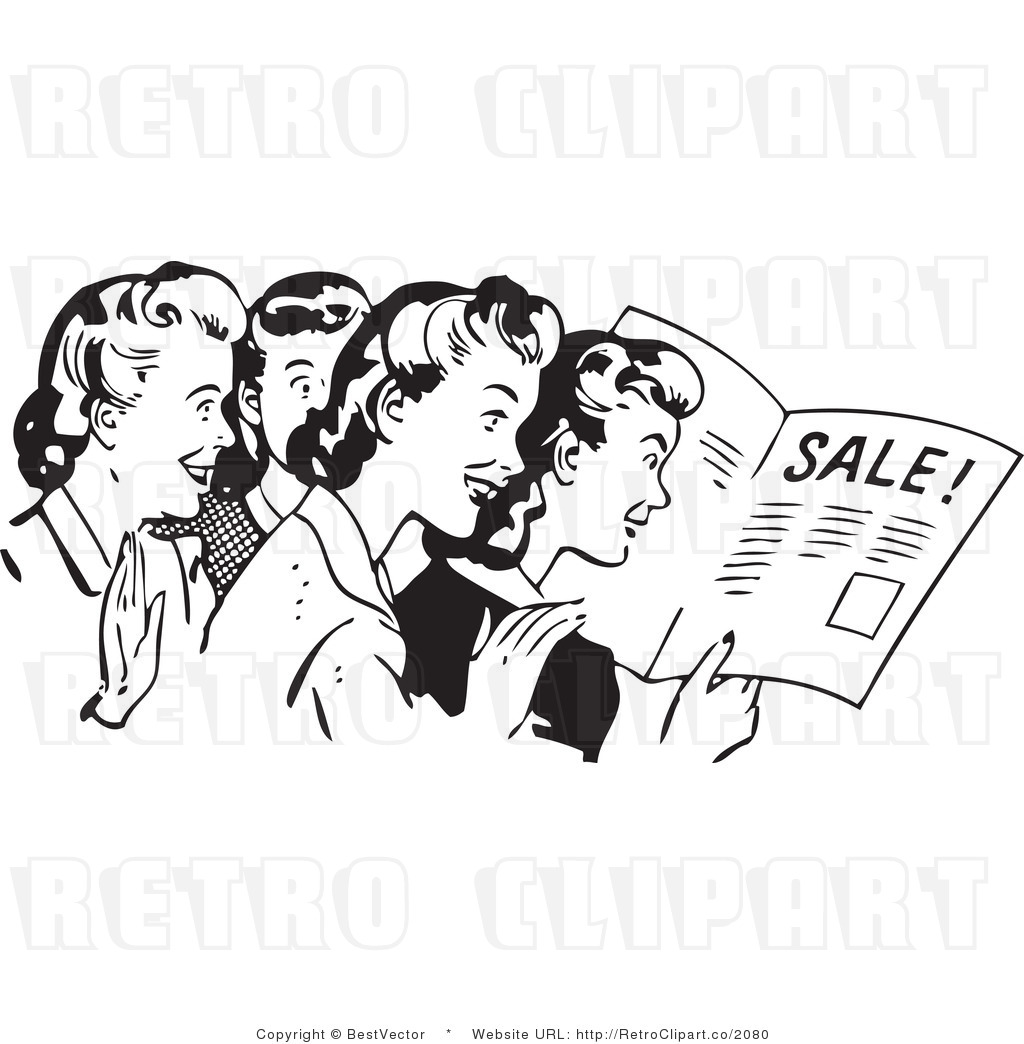 Royalty Free Black And White Retro Vector Clip Art Of Women Reading An