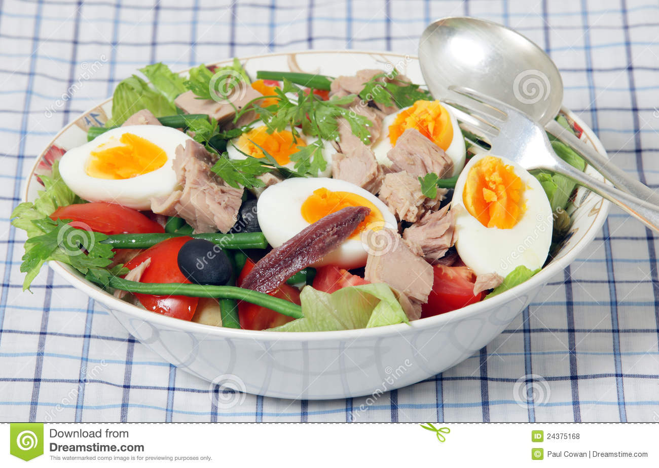 Serving Bowl With Spoon And Fork Of Freshly Made Traditional Nicoise