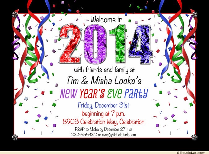 2014 New Years Eve Party Invitation Colorful Streamers Confetti Card