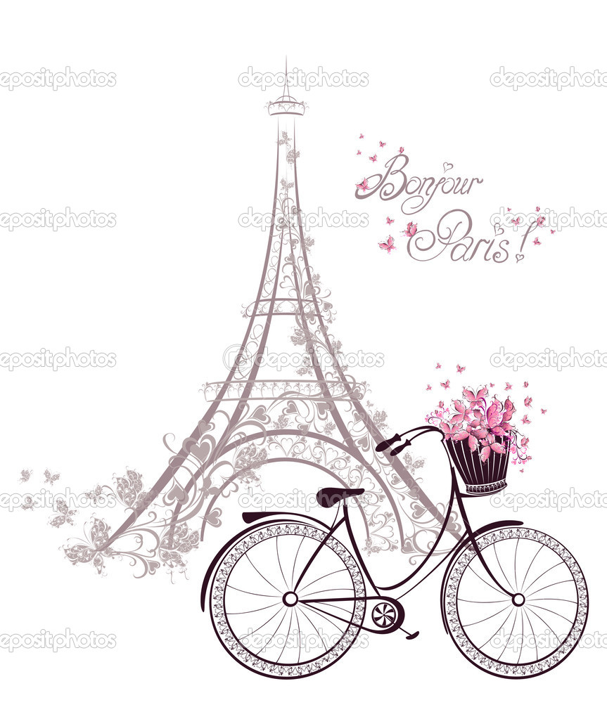 Bonjour Paris Text With Tower Eiffel And Bicycle  Romantic Postc    