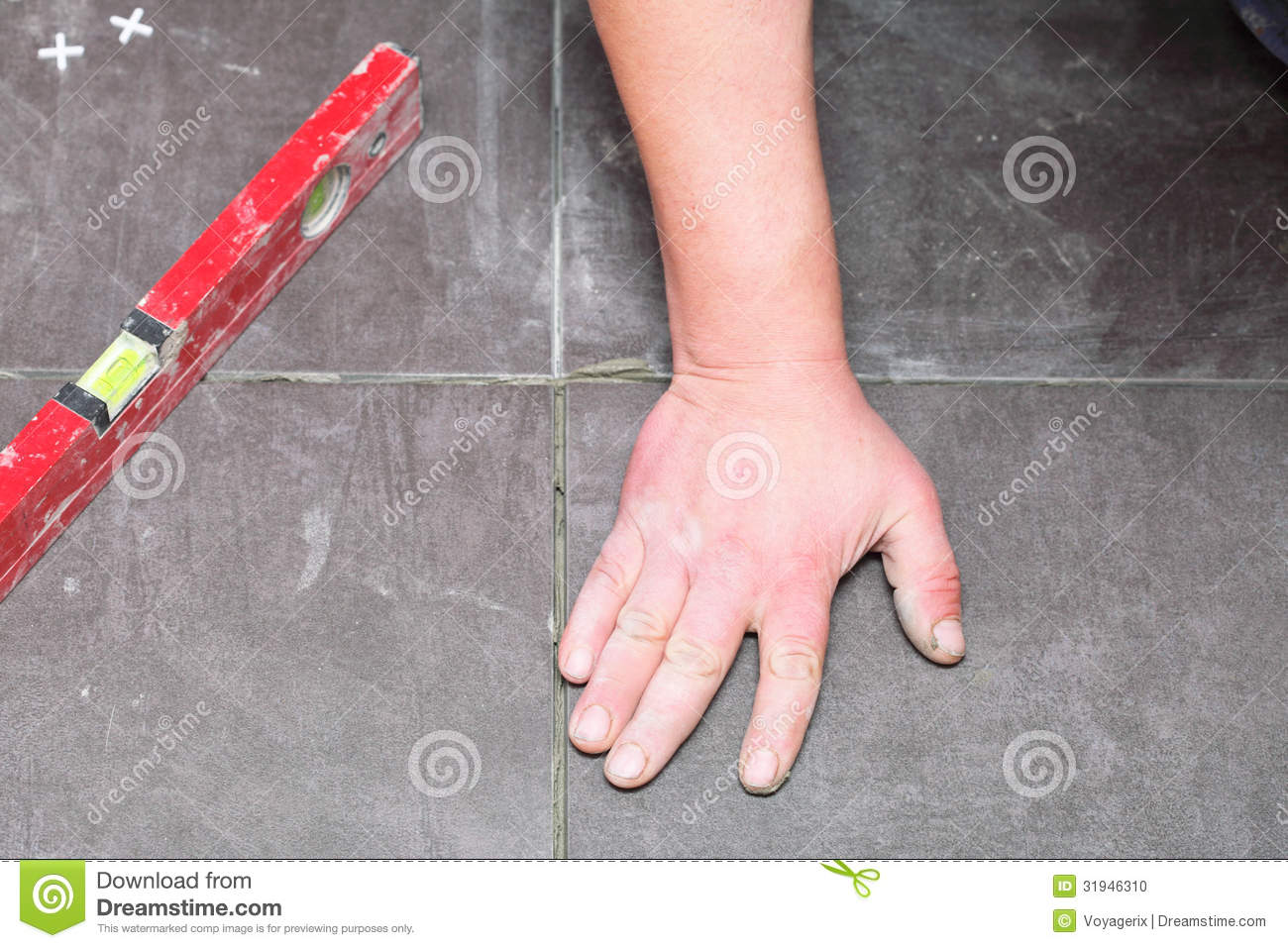 Construction Worker Is Tiling At Home Tile Floor Adhesive Stock Photo