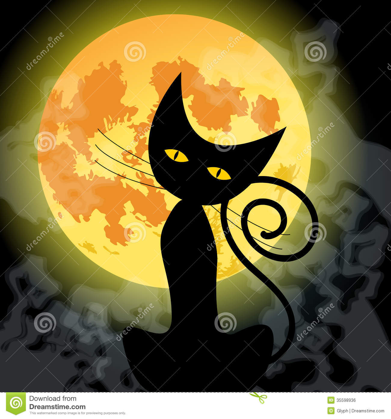 Of A Cute Black Cat In Front Of The Full Moon   Halloween Concept