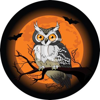 Owl In A Tree On Halloween With A Full Moon And Vampire Bats   Royalty
