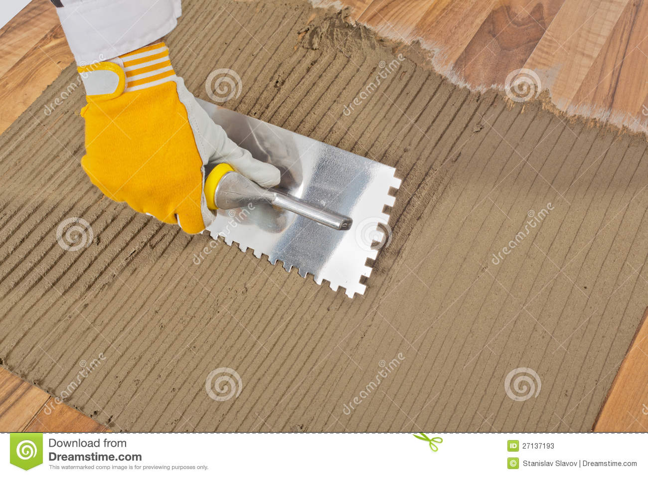 Worker Applied Tile Adhesive On Old Wooden Floor Stock Photos   Image