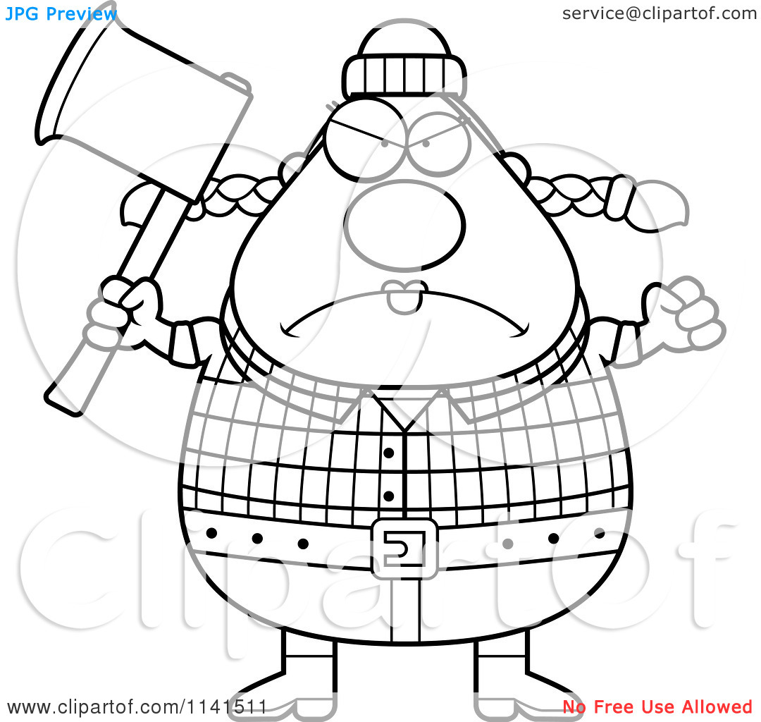 Cartoon Clipart Of A Black And White Angry Chubby Female Lumberjack