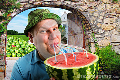 Cheerful Farmer Drinking Watermelon Juice Through A Tubules