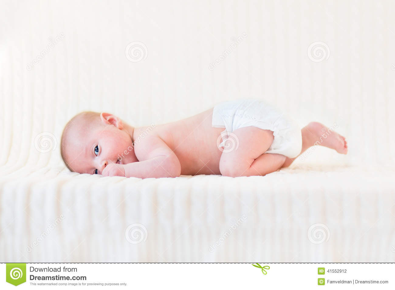 Baby Boy On A White Knitetd Blanket Stock Photo   Image  41552912