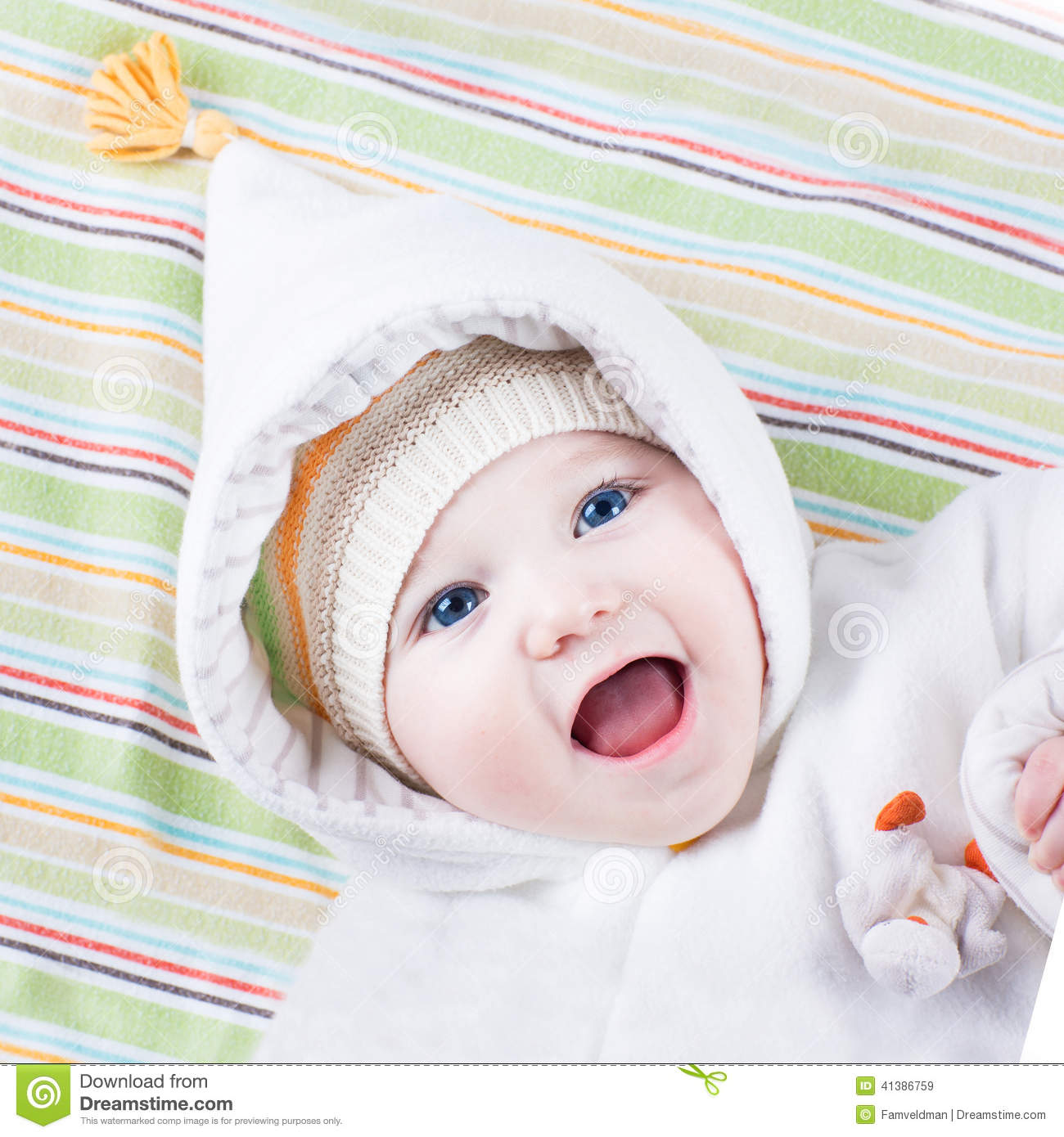     Laughing Baby Girl On Colorful Blanket Stock Photo   Image  41386759