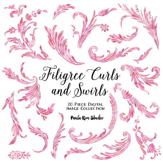 Pink Filigree Swirls And Curls Flourish Clipart Pink Watercolor Clip    