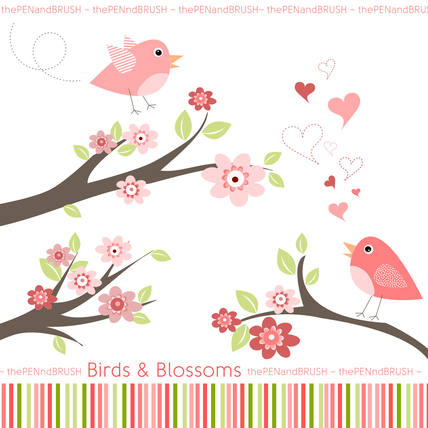 Birds And Blossoms Clip Art Pack    Pink Green By Thepenandbrush