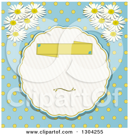 Blank Banner Polka Dot And Daisy Or Chamomile Flowers On Blue
