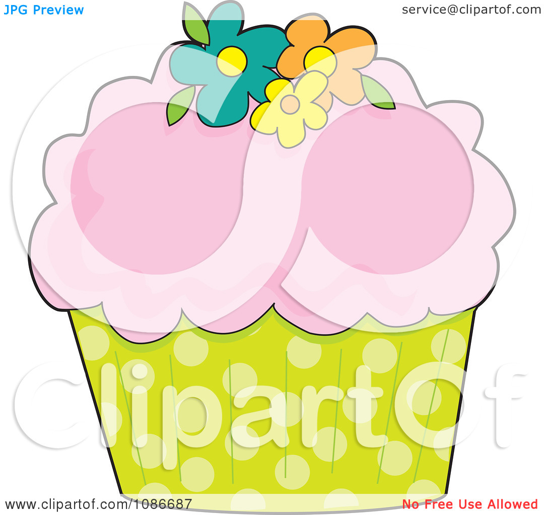 Clipart Pink Frosted Cupcake With Flowers And A Polka Dot Wrapper