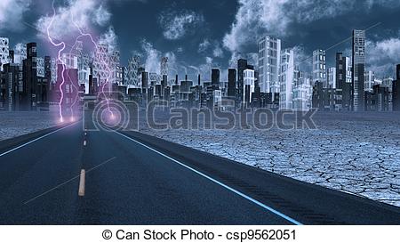 Clipart Of Stormy Sky On Desert Road Leading Into City Csp9562051