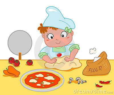 Cute Young Girl Making Pizza  Vector Illustration