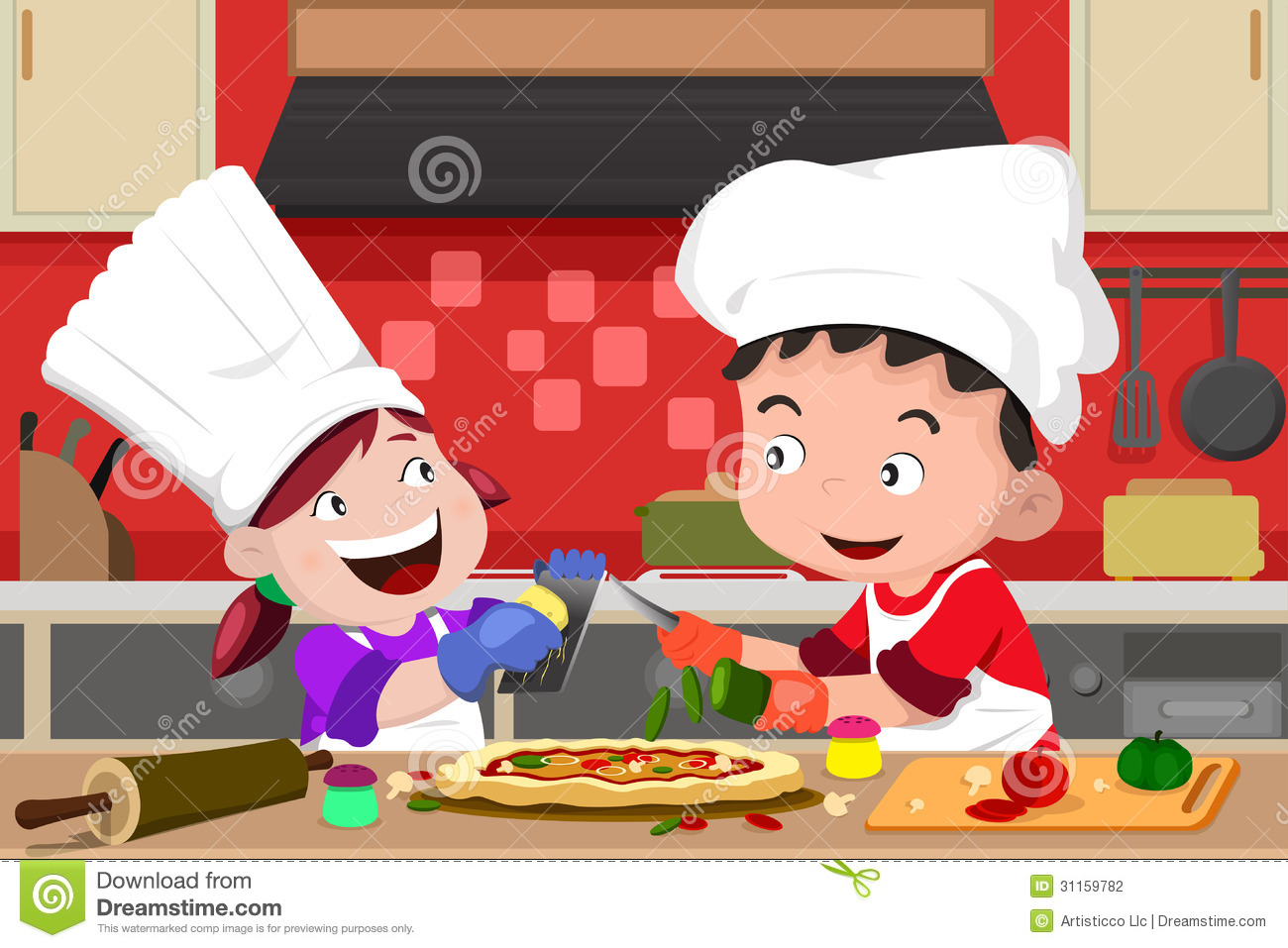 Illustration Of Happy Kids Having Fun In The Kitchen Making Pizza