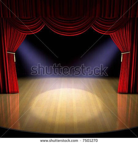 Theatre Stage With Red Curtain And Spotlights On The Stage Floor