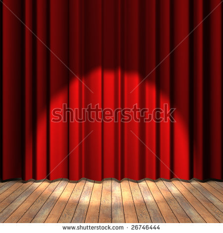 Wooden Floor Stage And A Red Curtain In The Background Stock Photo