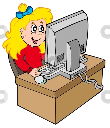 Cartoon Girl Working With Computer Stock Vector Clipart Cartoon Girl