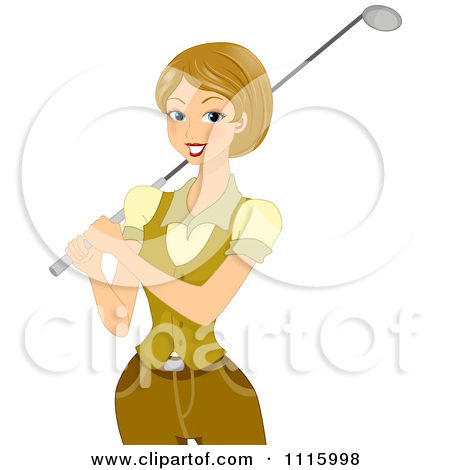 Clipart Happy Female Golfer Holding A Club Over Her Shoulder   Royalty