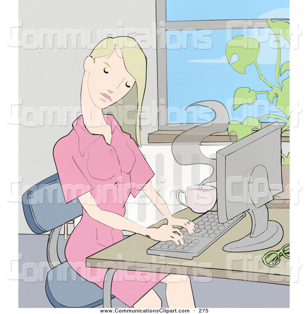 Communication Clipart Of A Young Blond Caucasian Woman Working On A