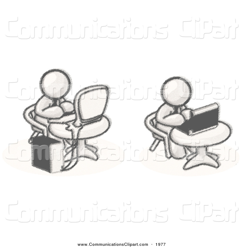 Communication Clipart Of Sketched Design Mascots Sitting And Working    
