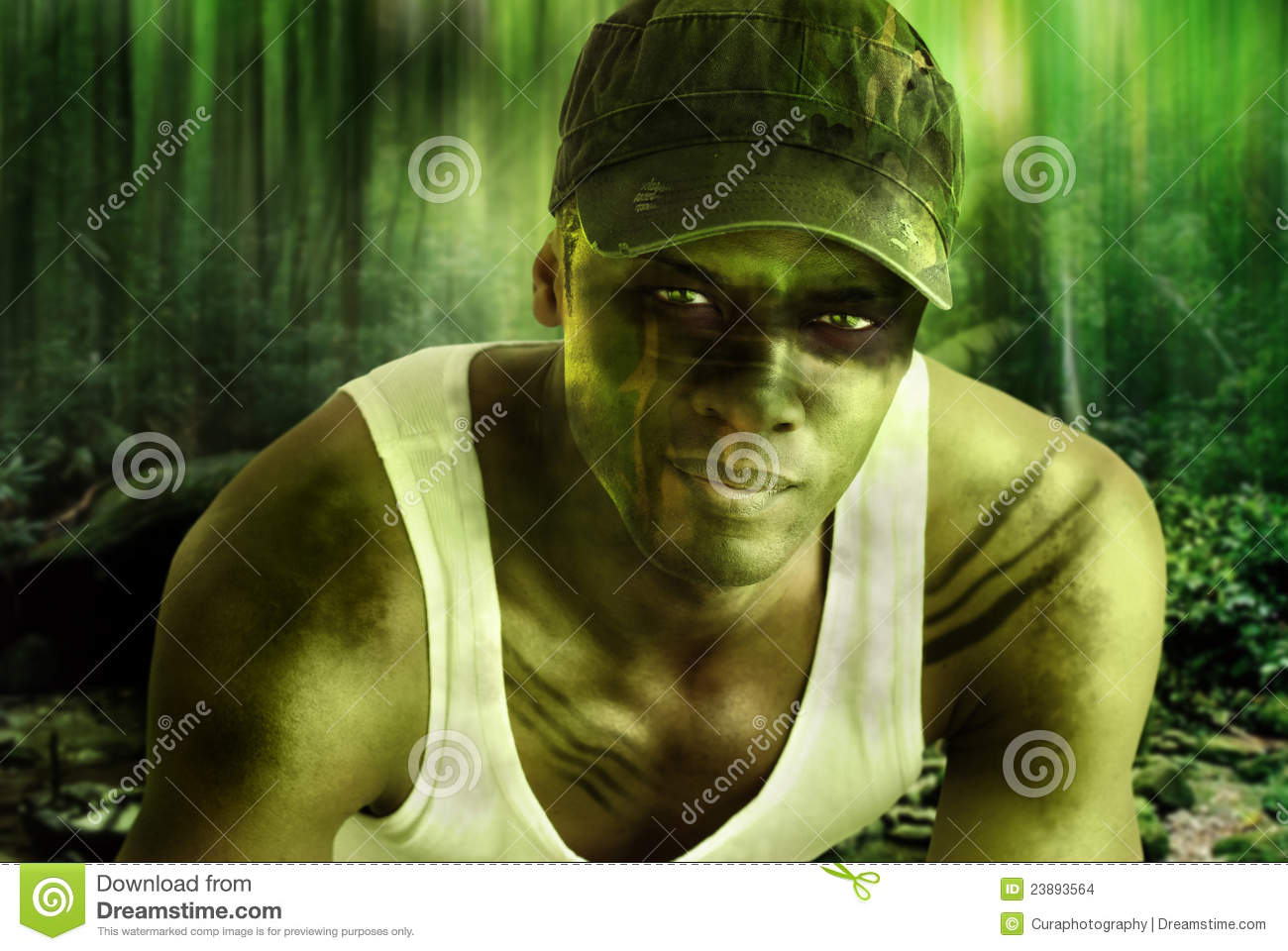 Fantasy Portrait Of A Cool Army Hero Guy With Face Paint And Camo Hat