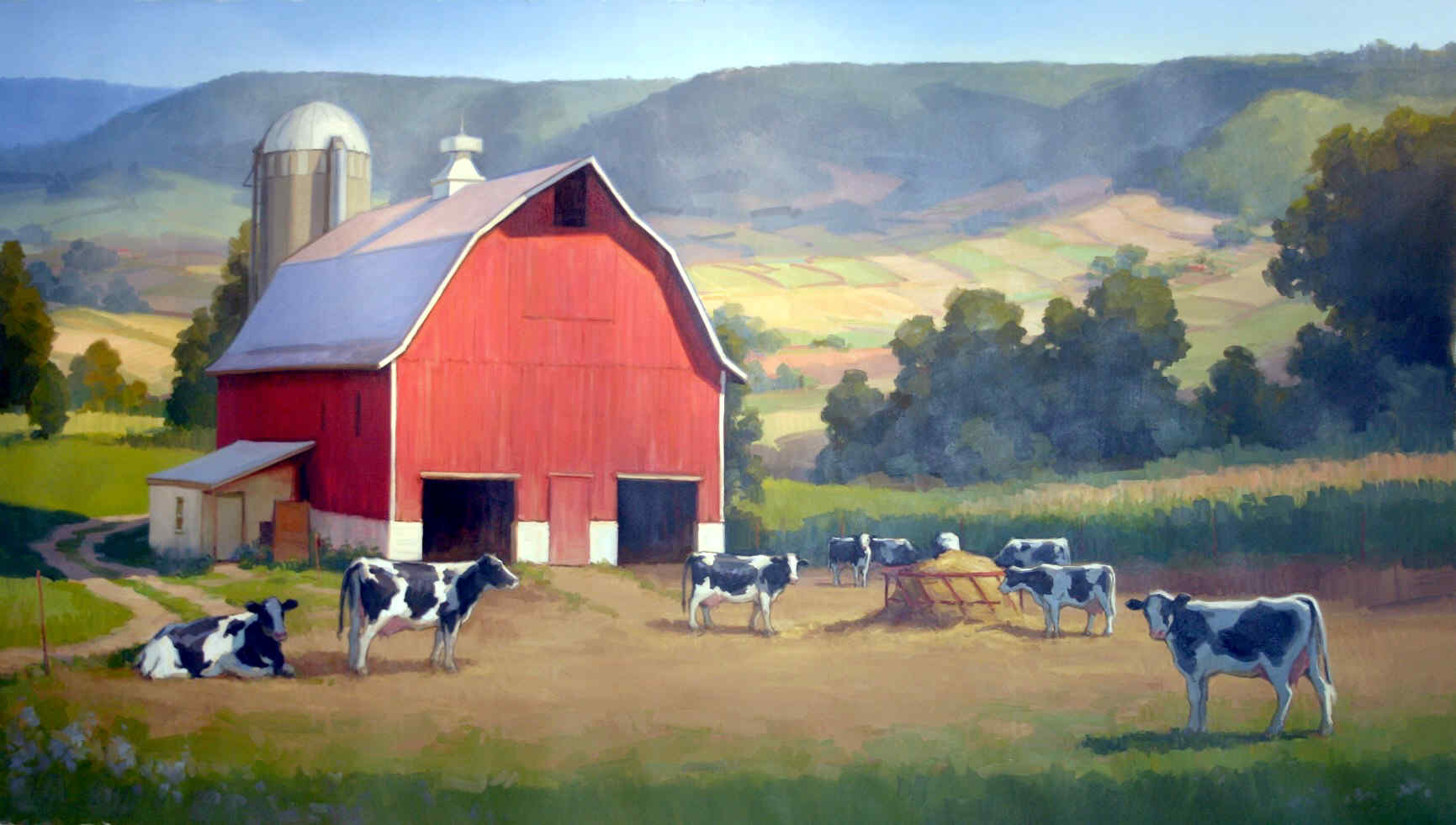 Farm Barn Cows Fields Hills Pasture Red Free Hd Wallpaper