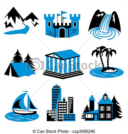 Places For Tourism And Relaxation  A Set Of Vector Icons In Two Colors