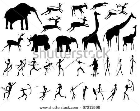 Set Of Pictures Of People And Animals In The Prehistoric Period
