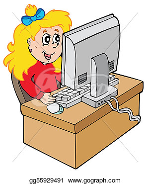 Vector Stock   Cartoon Girl Working With Computer  Stock Clip Art