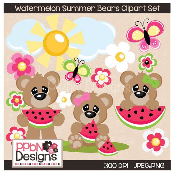 Watermelon Summer Bears Digital Clipart For Card Designs Scrapbooking