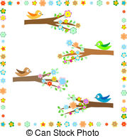 Birds Sitting On Different Tree Branches With Flower Decor Stock
