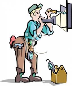 Cartoon Of A Man Working On A Electric Panel Royalty Free Clipart