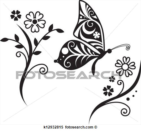 Clipart   Inwrought Butterfly Silhouette And Flower Branch  Fotosearch