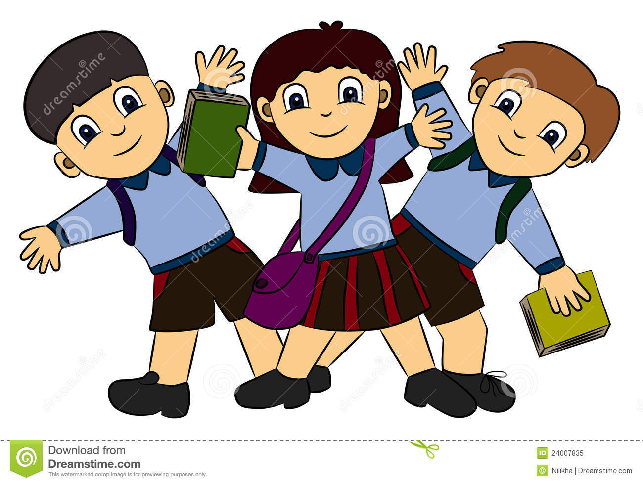 Three Cute Cartoon Students Posing Happily In School Uniform And With