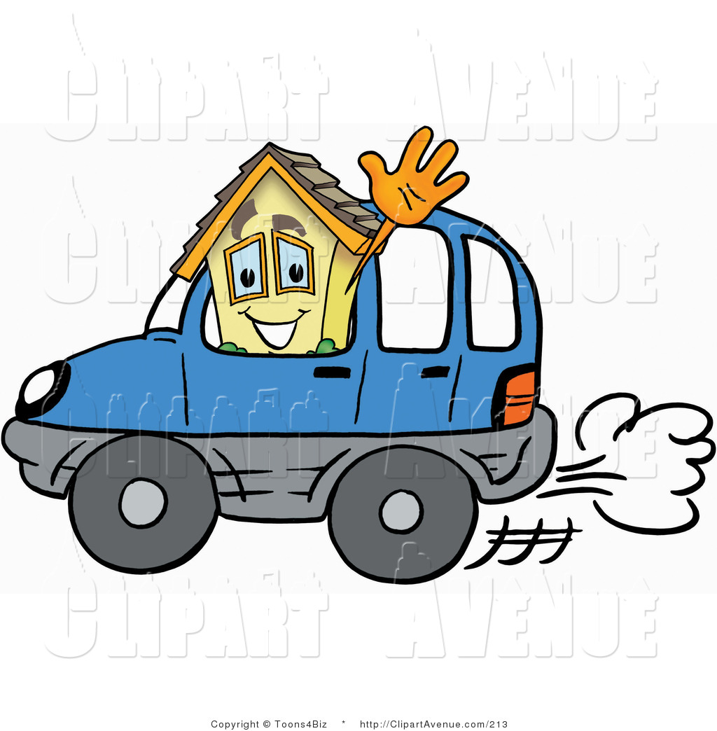 Avenue Clipart Of A Home Mascot Cartoon Character Driving A Blue Car