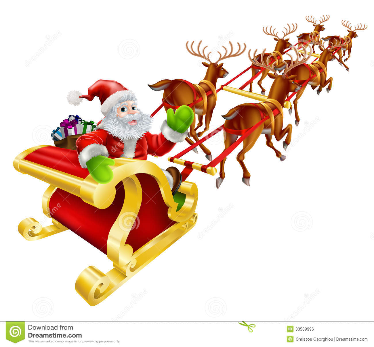 Christmas Illustration Of Cartoon Santa Claus Flying In His Sled Or